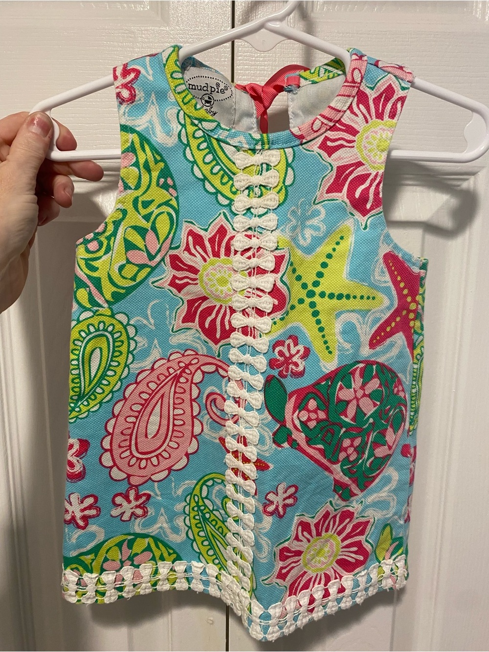 Mud Pie Girls Blue Pink Green Paisley Starfish Tank Dress with Lace Trim